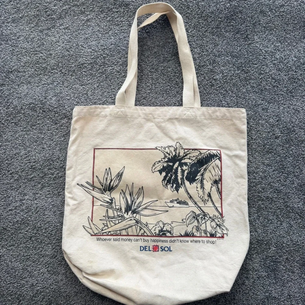 Del Sol Canvas Tote Bag Cream Tropical Palm Tree Cruise Ship Graphic 100% Cotton
